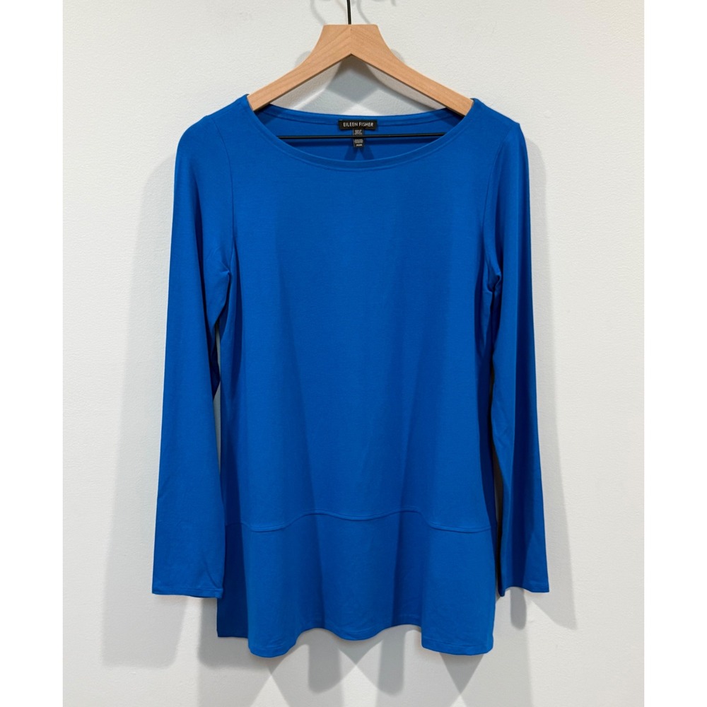 Eileen Fisher Long Sleeve Jersey‎ Tiered Hem Tunic Top Royal Blue Side Slit Sz M